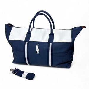 Polo Ralph Lauren Vintage 90s Navy Canvas White Leather Bottom XL Tote Bag 26x14